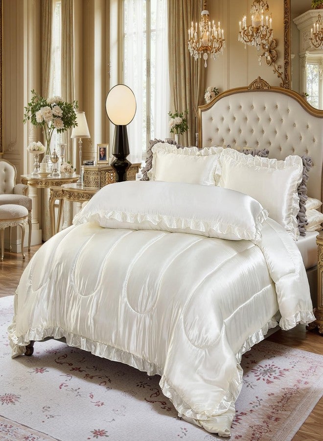 Bedding_Dreamer طقم سرير فاخر مكون من 4 قطع من البوليستر الناعم بلون أبيض، مصنوع من الساتان الفاخر، يشبه الحرير، مع غطاء وسادة للجسم مزين بكشكشة، مناسب للفنادق. - Image 2