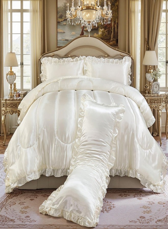Bedding_Dreamer طقم سرير فاخر مكون من 4 قطع من البوليستر الناعم بلون أبيض، مصنوع من الساتان الفاخر، يشبه الحرير، مع غطاء وسادة للجسم مزين بكشكشة، مناسب للفنادق. - Image 1