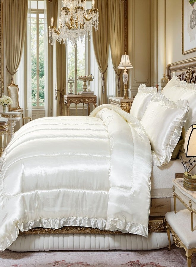 Bedding_Dreamer طقم سرير فاخر مكون من 4 قطع من البوليستر الناعم بلون أبيض، مصنوع من الساتان الفاخر، يشبه الحرير، مع غطاء وسادة للجسم مزين بكشكشة، مناسب للفنادق. - Image 4