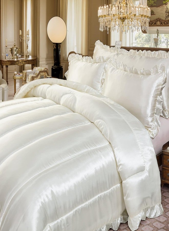 Bedding_Dreamer طقم سرير فاخر مكون من 4 قطع من البوليستر الناعم بلون أبيض، مصنوع من الساتان الفاخر، يشبه الحرير، مع غطاء وسادة للجسم مزين بكشكشة، مناسب للفنادق. - Image 5