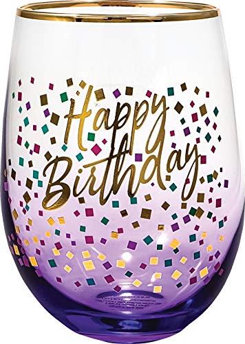 Spoontiques Stemless Wine Glass 20oz Lidless Drink Tumbler for Cold Beverages Happy Birthday