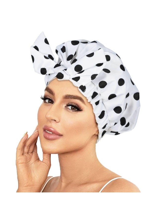 Women's Fashion Waterproof Shower Cap, Multi-purpose Salon Hair Cap, Bow Print Elastic Stretch Shower Cap Round Cap, Reusable Waterproof Shower Hair Cap with Adjustable Bow Shower Cap, White - Image 1