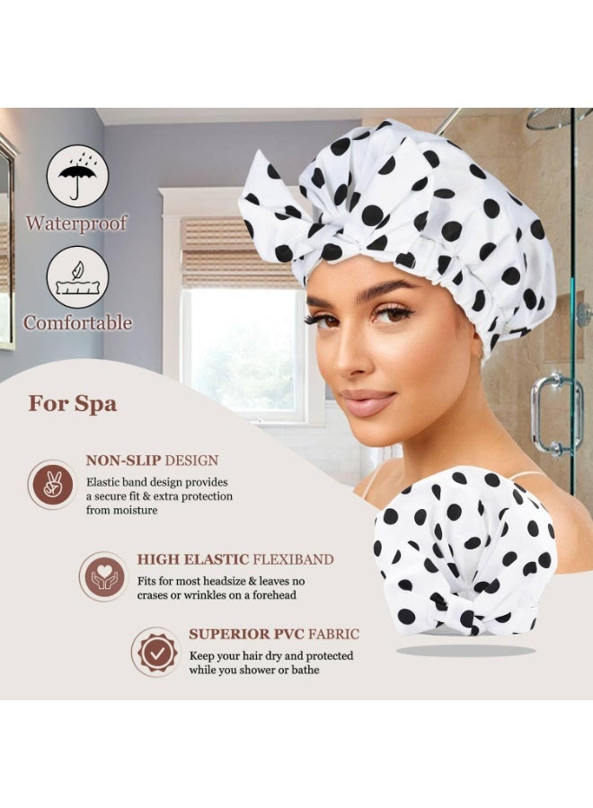 Women's Fashion Waterproof Shower Cap, Multi-purpose Salon Hair Cap, Bow Print Elastic Stretch Shower Cap Round Cap, Reusable Waterproof Shower Hair Cap with Adjustable Bow Shower Cap, White - Image 4