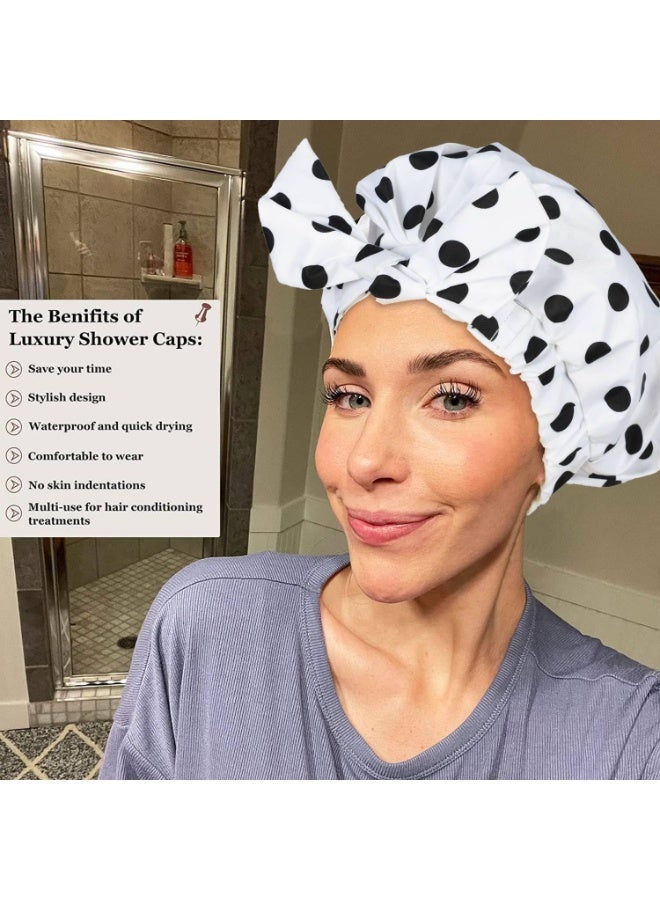 Women's Fashion Waterproof Shower Cap, Multi-purpose Salon Hair Cap, Bow Print Elastic Stretch Shower Cap Round Cap, Reusable Waterproof Shower Hair Cap with Adjustable Bow Shower Cap, White - Image 2