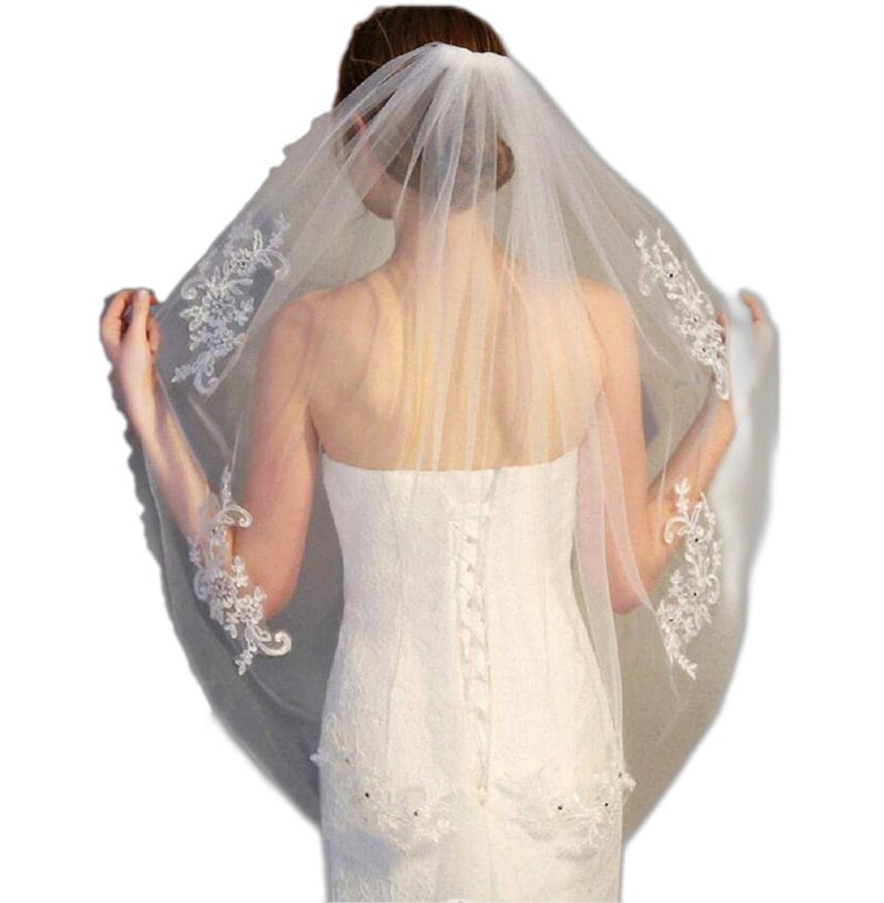 RULTA 1 Tier Lace Appliques Bridal Veil Crystal Beaded Tulle Wedding Veils with Comb (Ivory) - Image 2