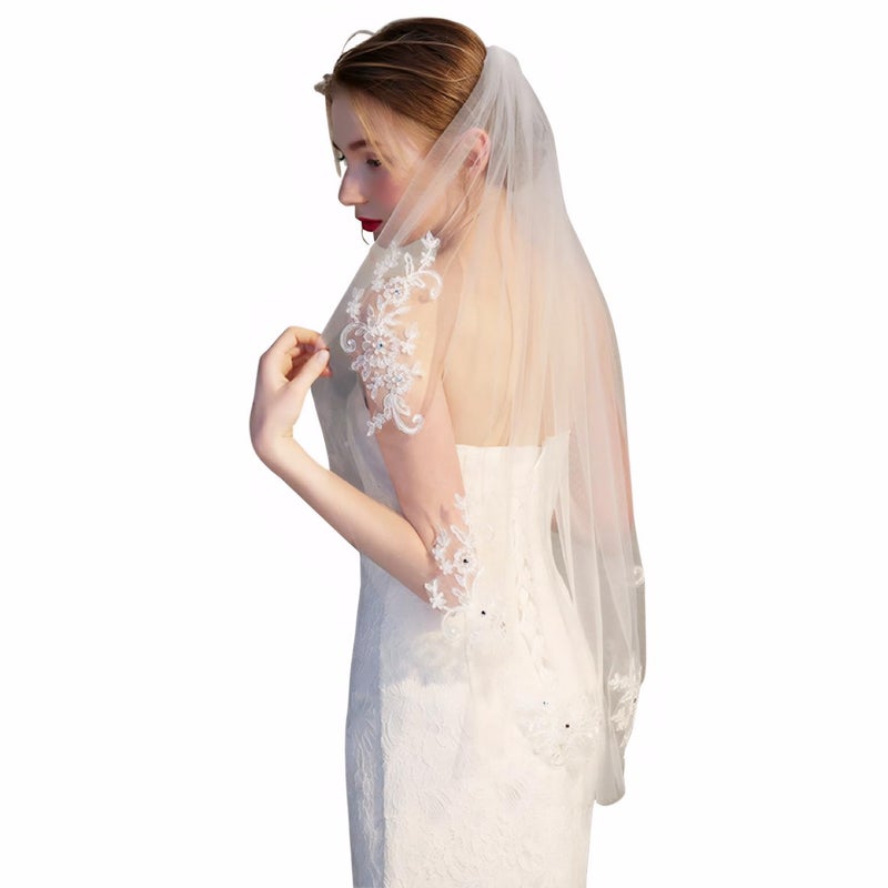 RULTA 1 Tier Lace Appliques Bridal Veil Crystal Beaded Tulle Wedding Veils with Comb (Ivory) - Image 1