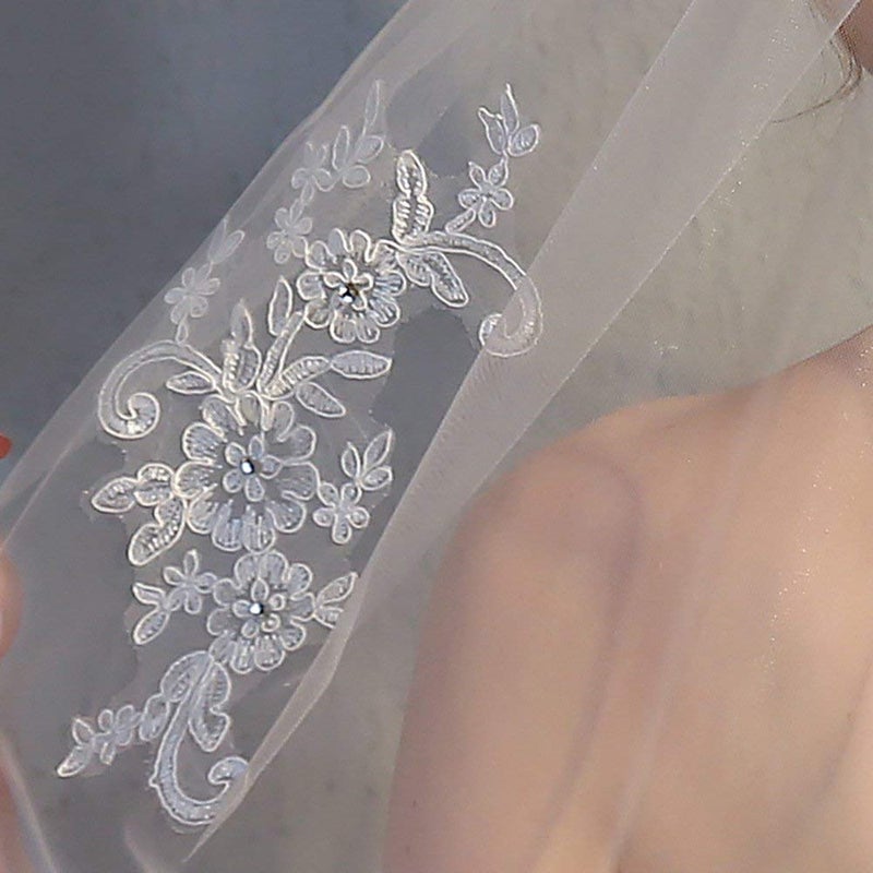 RULTA 1 Tier Lace Appliques Bridal Veil Crystal Beaded Tulle Wedding Veils with Comb (Ivory) - Image 4