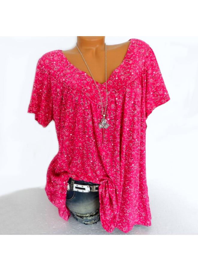 New European And American Women's Summer Explosions V-neck Loose Short-sleeved Printed T-shirt