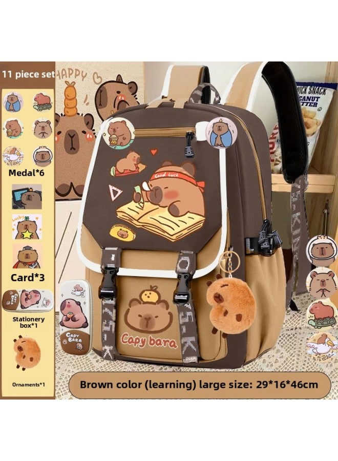 Children's Schoolbag Kabibala Large Capacity Brown Light Capybara Backpack For Boys And Girls-Color:Brown Horizontal Zipper Model In Learning [capibala] Large Size-Size:Schoolbag + 11-piece Set  - Image 1