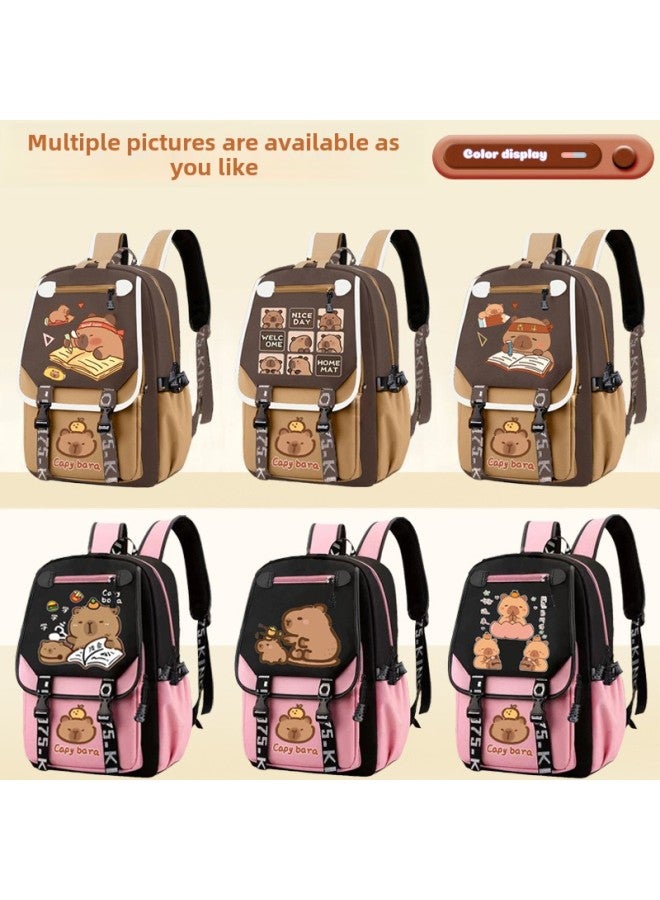 Children's Schoolbag Kabibala Large Capacity Brown Light Capybara Backpack For Boys And Girls-Color:Brown Horizontal Zipper Model In Learning [capibala] Large Size-Size:Schoolbag + 11-piece Set  - Image 2