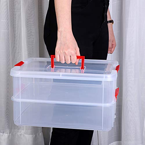 JUXYES 2-Tiers Stack Carry Storage Box With Handle, Transparent Stackable Storage Bin With Handle Lid Latching Storage Container for School & Office Supplies (Red) - Image 4