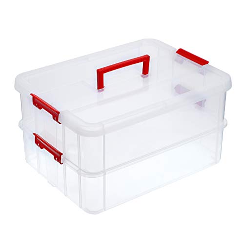 JUXYES 2-Tiers Stack Carry Storage Box With Handle, Transparent Stackable Storage Bin With Handle Lid Latching Storage Container for School & Office Supplies (Red) - Image 1