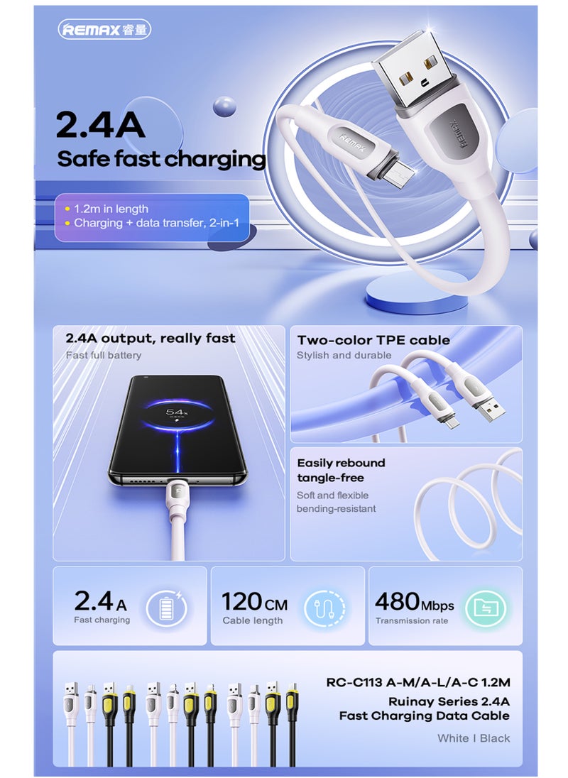 REMAX - RC-C113 Ruinay Series USB A to Type-C Charging Data Cable, 1M, USB C, 2.4A Fast Charging, White - Image 1