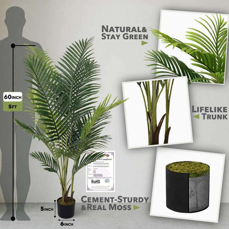 Aveyas 5ft Artificial Palm Tree for Home Decor, 5 Feet Faux Plant Fake Silk Tropical Kentia Areca Trees with Pot for Indoor Outdoor House Living Room Office Porch Garden (5 ft Tall) - Set of 2 Pack - Image 2