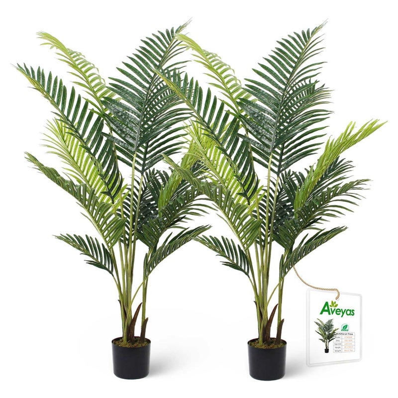 Aveyas 5ft Artificial Palm Tree for Home Decor, 5 Feet Faux Plant Fake Silk Tropical Kentia Areca Trees with Pot for Indoor Outdoor House Living Room Office Porch Garden (5 ft Tall) - Set of 2 Pack - Image 1