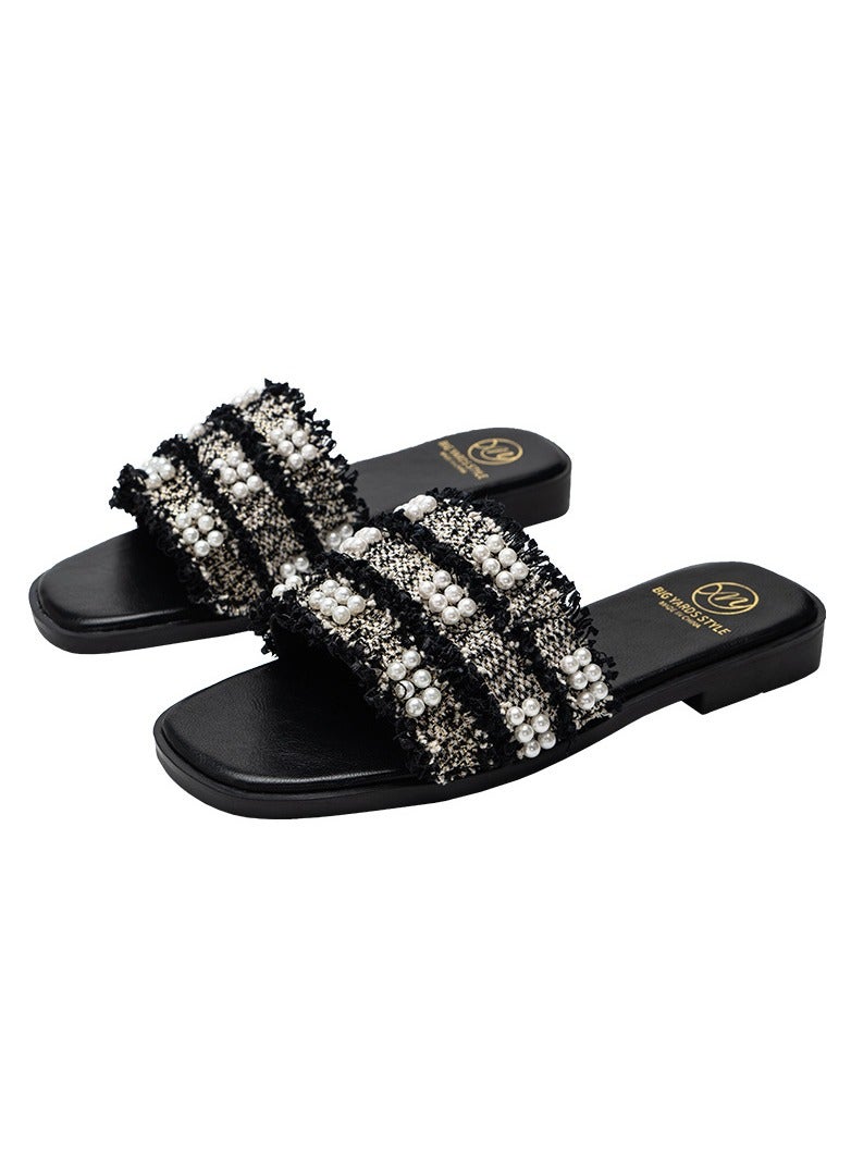 KUYING Summer Fragrant Cool Slippers for Women Wearing Flat Bottom Slippers 