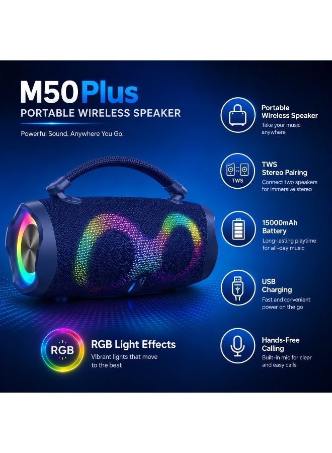 Smartbarry M50Plus Portable Wireless Speaker Blue with RGB Party Lights, 15000mAh Battery, TWS Stereo Pairing, Deep Bass Bluetooth Speaker, USB Charging & Hands-Free Calling for Outdoor, Party & Camping Use - Image 2