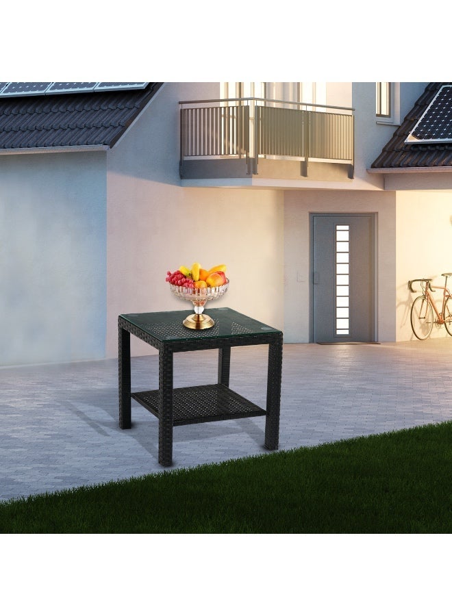 YIYAN Indoor-Outdoor Rattan Side Table with Glass Top, Wicker Patio End Table for Balcony, Living Room & Bedroom, Black - Image 2