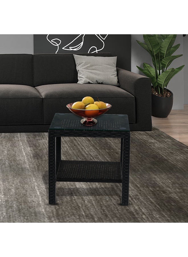 YIYAN Indoor-Outdoor Rattan Side Table with Glass Top, Wicker Patio End Table for Balcony, Living Room & Bedroom, Black - Image 1