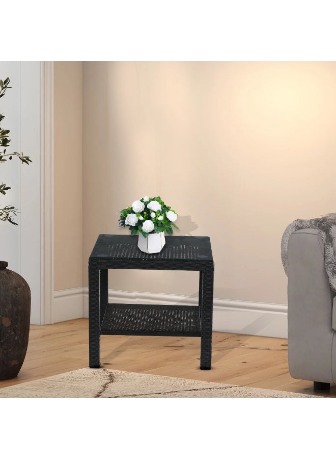 YIYAN Indoor-Outdoor Rattan Side Table with Glass Top, Wicker Patio End Table for Balcony, Living Room & Bedroom, Black - Image 4