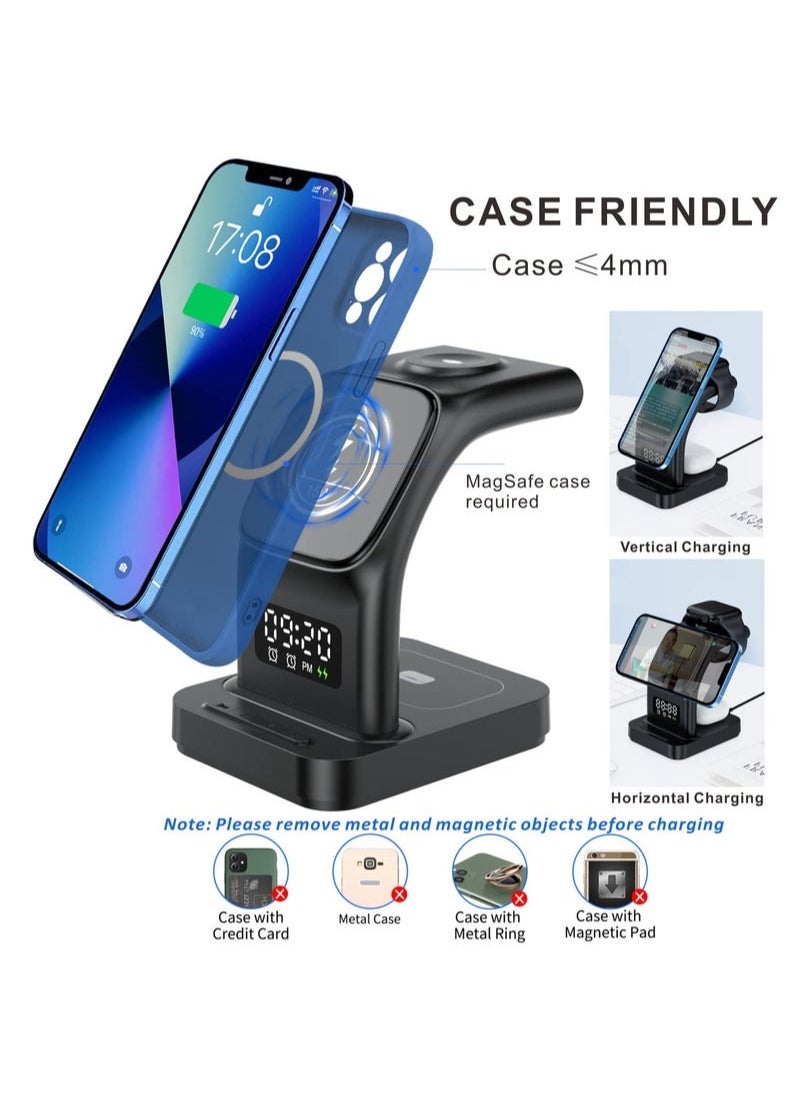 XiuWoo - Magnetic Wireless Charger, 5 in 1 Wireless Charging Station with Alarm Clock & Night Light 15W Fast Wireless Charger Station Compatible with iPhone 14/13/12, for Airpods, Apple Watch Series - Image 1