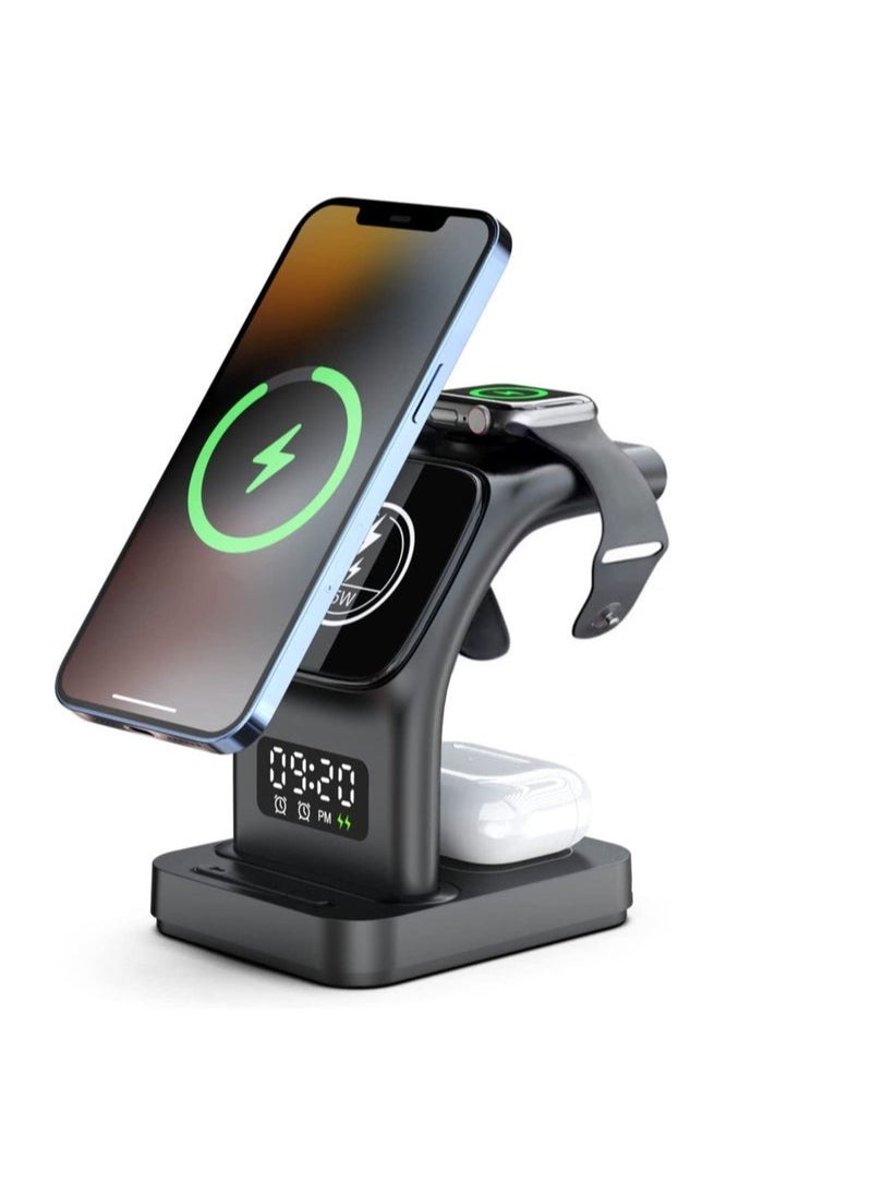 XiuWoo - Magnetic Wireless Charger, 5 in 1 Wireless Charging Station with Alarm Clock & Night Light 15W Fast Wireless Charger Station Compatible with iPhone 14/13/12, for Airpods, Apple Watch Series - Image 1