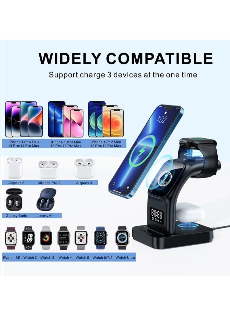 XiuWoo - Magnetic Wireless Charger, 5 in 1 Wireless Charging Station with Alarm Clock & Night Light 15W Fast Wireless Charger Station Compatible with iPhone 14/13/12, for Airpods, Apple Watch Series - Image 1