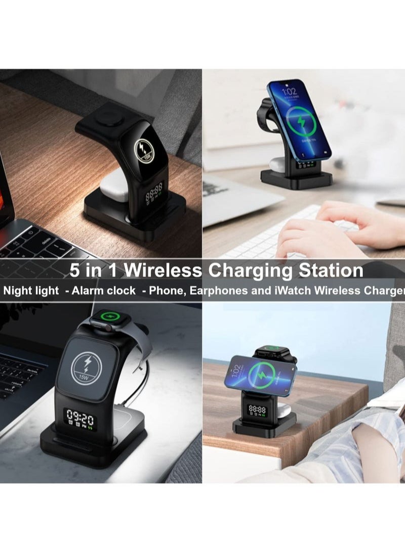 XiuWoo - Magnetic Wireless Charger, 5 in 1 Wireless Charging Station with Alarm Clock & Night Light 15W Fast Wireless Charger Station Compatible with iPhone 14/13/12, for Airpods, Apple Watch Series - Image 1