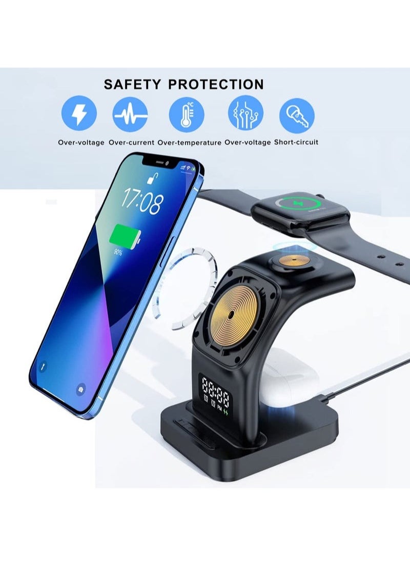 XiuWoo - Magnetic Wireless Charger, 5 in 1 Wireless Charging Station with Alarm Clock & Night Light 15W Fast Wireless Charger Station Compatible with iPhone 14/13/12, for Airpods, Apple Watch Series - Image 1
