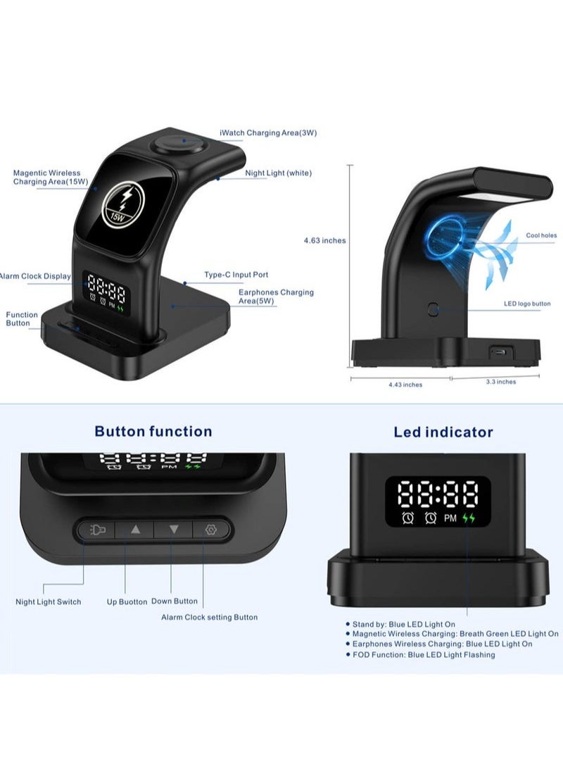 XiuWoo - Magnetic Wireless Charger, 5 in 1 Wireless Charging Station with Alarm Clock & Night Light 15W Fast Wireless Charger Station Compatible with iPhone 14/13/12, for Airpods, Apple Watch Series - Image 1