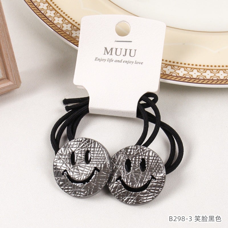 Loquat Chic Tweed Hair Ties 2-Pack Metallic Elastic Bands 3#smiley black