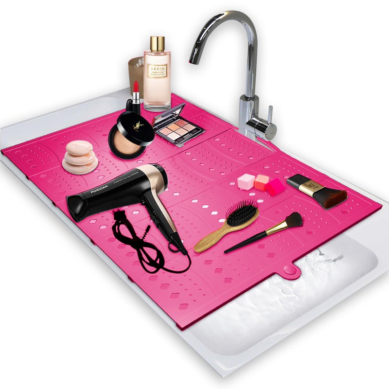 BRIAN & DANY BRIAN DANY Makeup Mat for Sink Bathroom Sink Cover for Counter Space Foldable Silicone Sink Mat Organizer Countertop RV Space Saver Pink 193 x 155 - Image 2