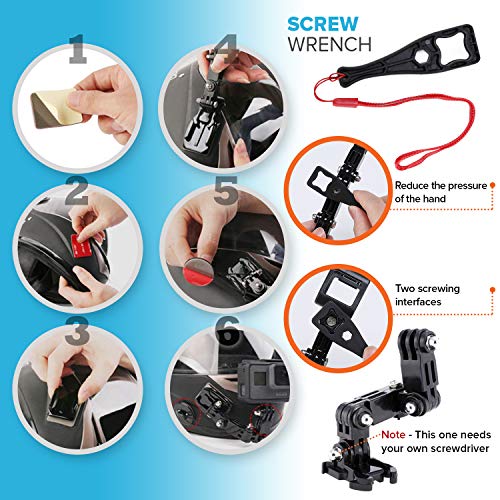 MiPremium Motorcycle Helmet Chin Mount Kits for GoPro Hero 13 12 11 10 9 8 7 6 5 4 3 Black Silver Session, AKASO/Campark & Other Action Camera Swivel Aluminium Screw Flat Curved Adhesive Pads & J Hook - Image 5