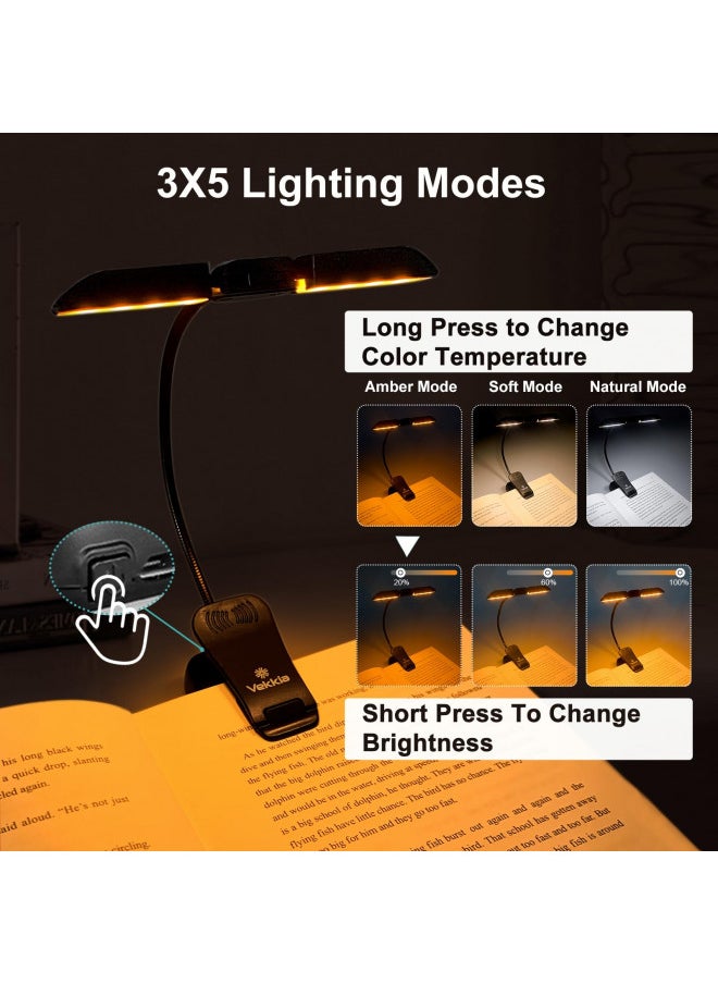 Vekkia - Vekkia Rechargeable 14 LED Amber Book Light for Reading in Bed, 180° Adjustable Clip on Light, Eye Care Reading Light up to 80Hrs, 5 Brightness Dimmable X 3 Color Modes, Perfect for Book Lovers - Image 1