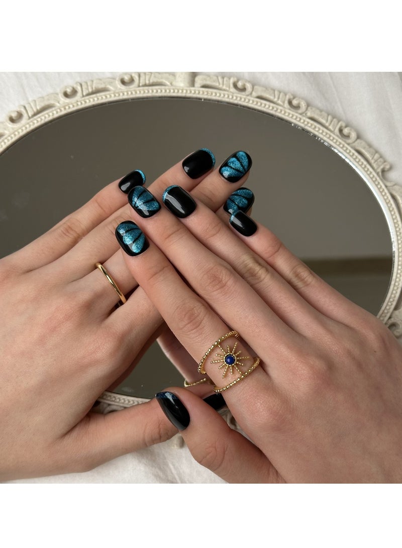 JOSQUEWNN Press On Nails, Fake Nails 10 PCS, Fully Handcrafted Nails With Glue Kit Black Outline Almond Style With Blue Butterfly Shape Short Coffin Reusable For Women. - Image 2