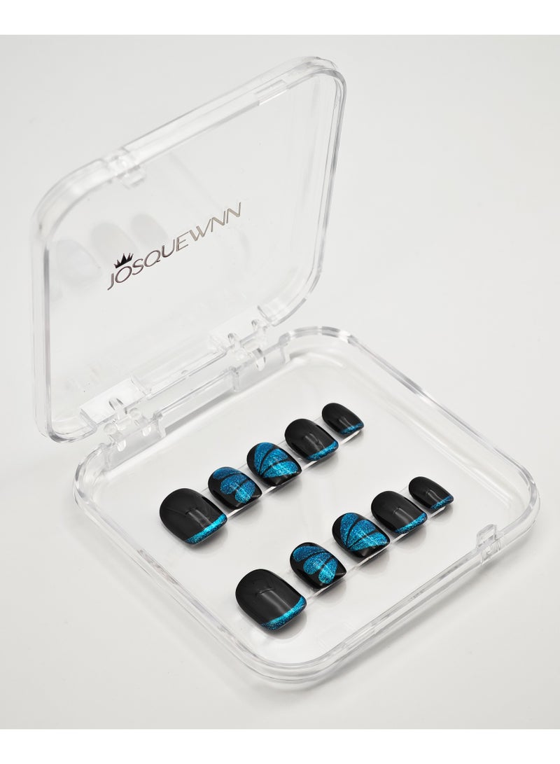 JOSQUEWNN Press On Nails, Fake Nails 10 PCS, Fully Handcrafted Nails With Glue Kit Black Outline Almond Style With Blue Butterfly Shape Short Coffin Reusable For Women. - Image 5