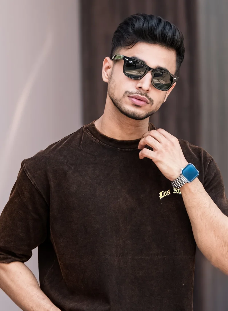 مانياك تيشيرت قطن رجالي مانياك بأكمام ثلاثة أرباع ورقبة دائرية وطبعة معينات بغسيل حمضي