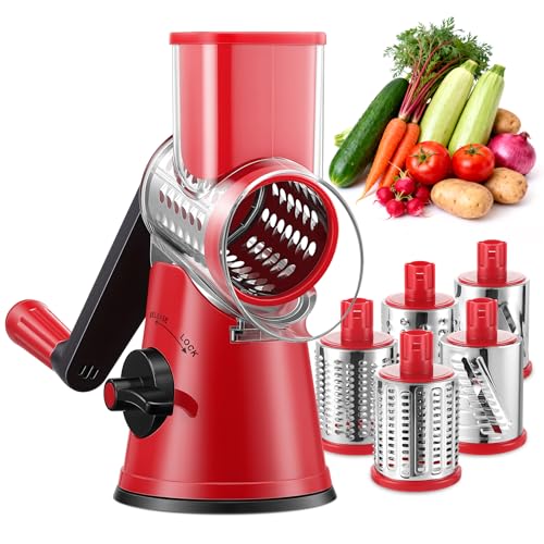 GDL Rotary Cheese Grater Hand Crank with 5 Interchangeable Blades - Upgraded Cheese Shredder Featuring Strong Suction Base for Cheese Shredding, Wavy Slicing, Nut Grinding, Ice Shaving - Image 1