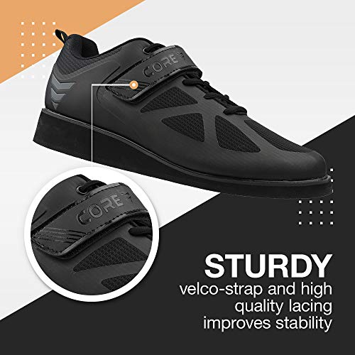 CORE Weightlifting Shoes - Squat Shoes for Powerlifting, Deadlifting, Crosstraining, Olympic Lifting and Gym - Men and Women - Strap and Lace-Up Design with Non-Slip Sole & 0.67" Heel Black - Image 5