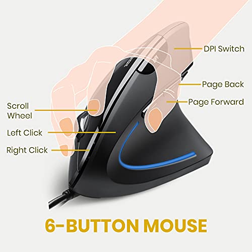 Perixx PERIMICE513 Wired Ergonomic Vertical Mouse 6 Buttons with 1000160032006400 DPI RightHanded Design Wired USB 59ft Cable Black - Image 3