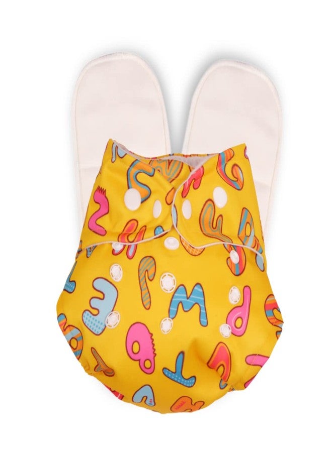 Deedry Oeko-Tex Certified Washable & Reusable Diapers With Adjustable Snap Buttons (One Size Perfect Fit), Comes With Absorbent Inserts/Pads- (3Months- 3Years) (Yellow Alphabet-Abc, With 2 Inserts) - Image 1