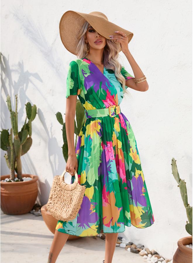 Women's Clothing Station Summer Flower Printed Crumple Short-sleeved Dress