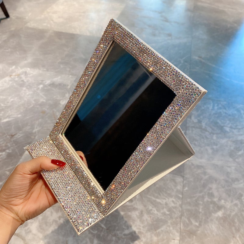 Diamond-Encrusted High-Definition Foldableing Mirror Glitter Leather Pattern Pu Leather Girls Portable Dormitory Desktop Vanity Mirror Makeup Mirror - Image 2