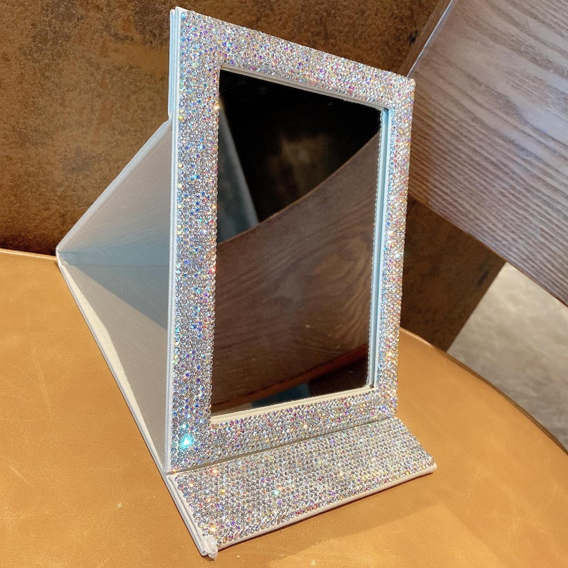 Diamond-Encrusted High-Definition Foldableing Mirror Glitter Leather Pattern Pu Leather Girls Portable Dormitory Desktop Vanity Mirror Makeup Mirror - Image 1