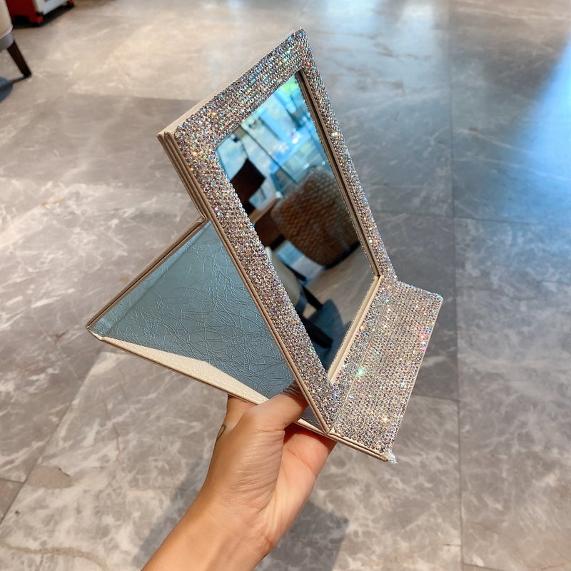 Diamond-Encrusted High-Definition Foldableing Mirror Glitter Leather Pattern Pu Leather Girls Portable Dormitory Desktop Vanity Mirror Makeup Mirror - Image 5