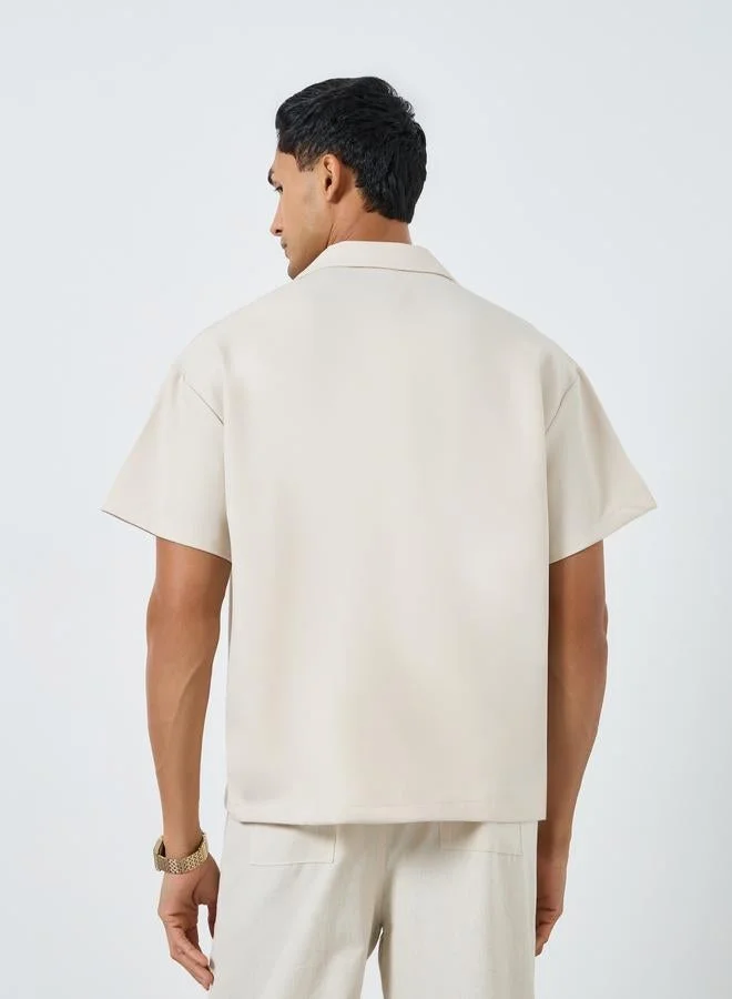 Styli  Men Beige Notch Collar Double Breasted Oversized Shirt for Men | Best Price UAE