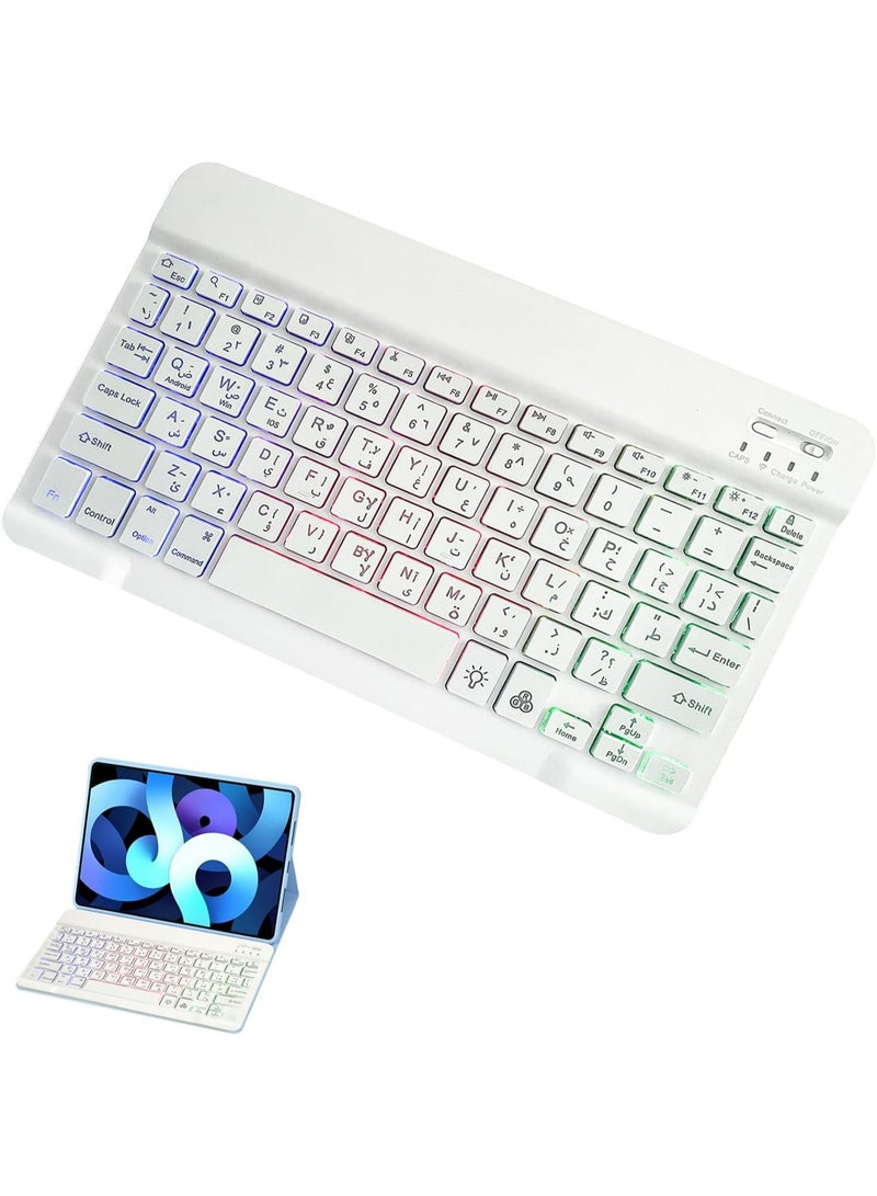 Rock Pow Arabic English Ultra-slim Bluetooth Keyboard for iPad Rechargeable Wireless Keyboard with 7-Color Backlit Compatible with iPad 11th/10th/iPad Air/iPad Pro/Mini/iPhone17/16/15/14/13/12/11 also for Samsung Galaxy/xiaomi/Huawei/Honor/Lenovo Android  System Tablets and Mobile Phones, 10inches - Image 1