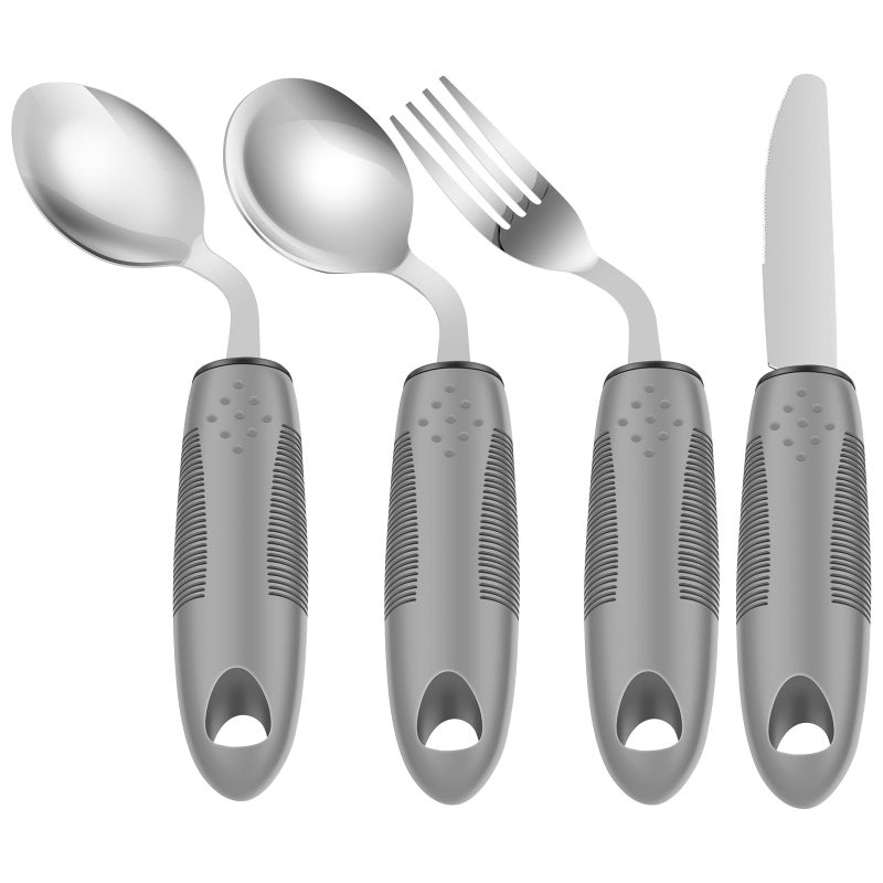 4-Piece Adaptive Utensils Set, Easy-Grip Utensils,42° Angled Adaptive Cutlery for Parkinsons Patients, Hand Tremors, Arthritis and Elderly - Image 1