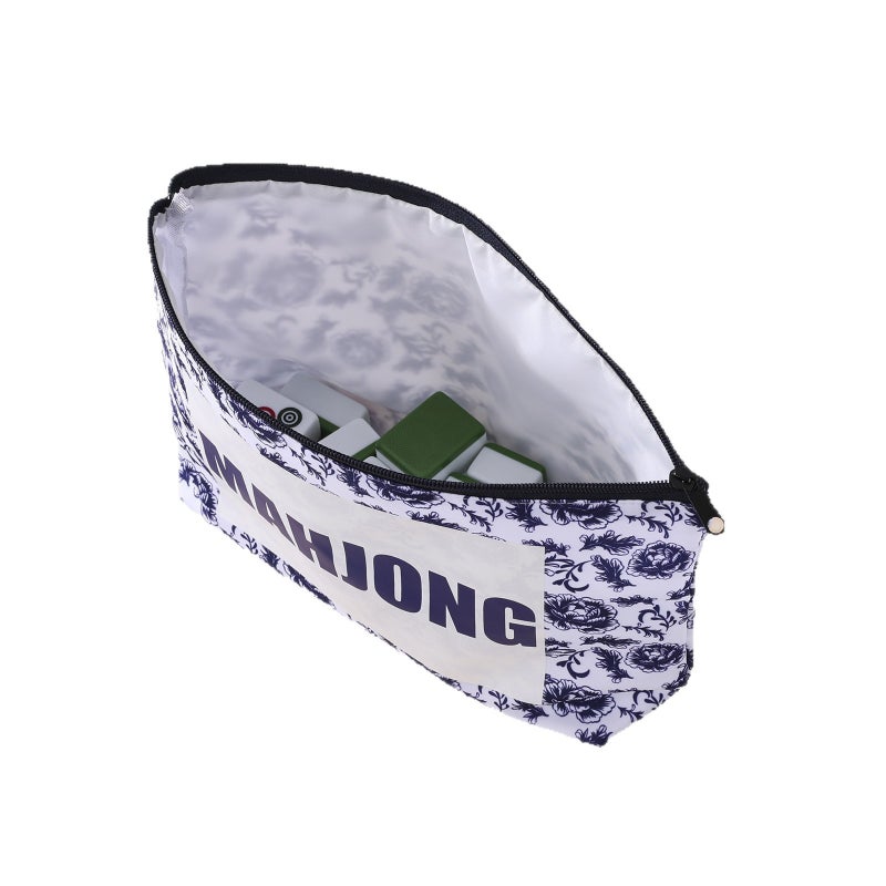 Blue and White Porcelain Print Mahjong Cosmetic Bag with Zipper - Image 5