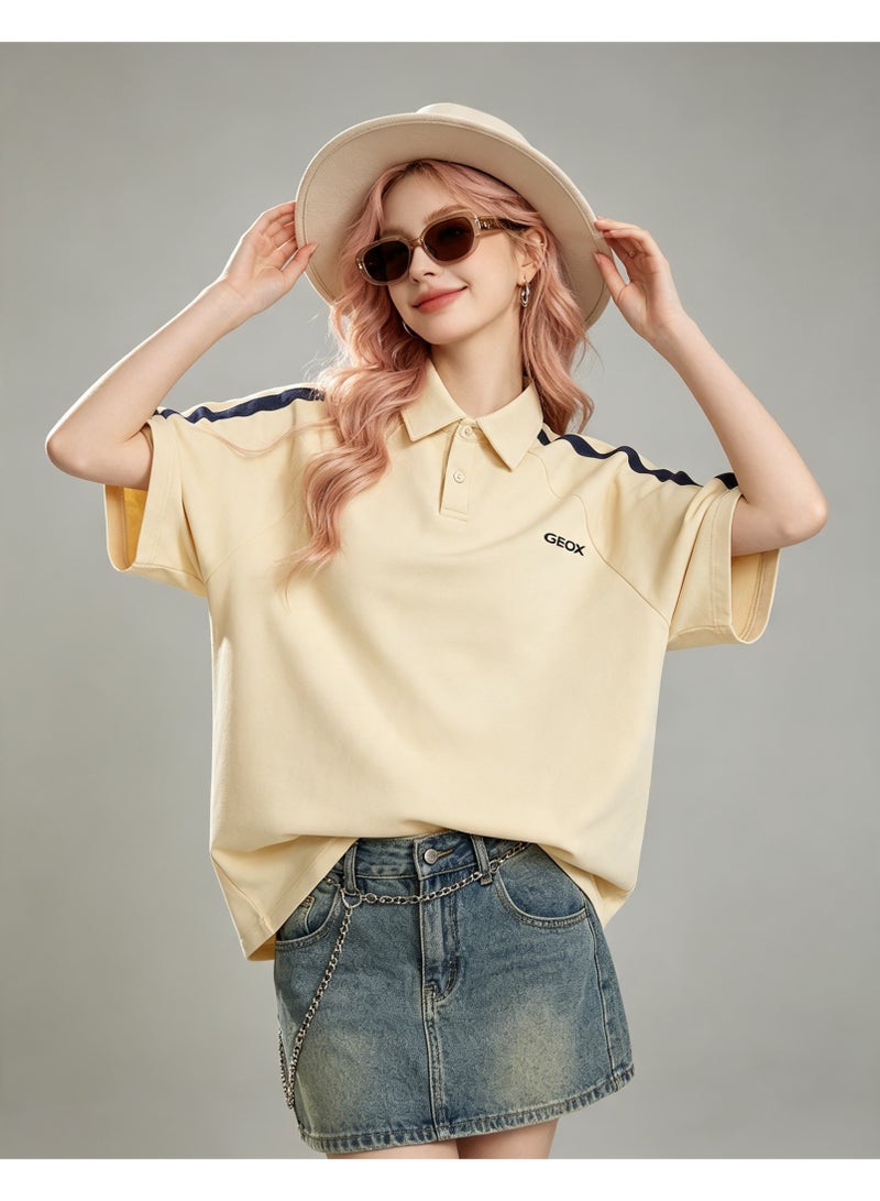 GEOX Men Fashion Collared Short Sleeve Polo Shirt Casual Side Stripe Top Beige - Image 4